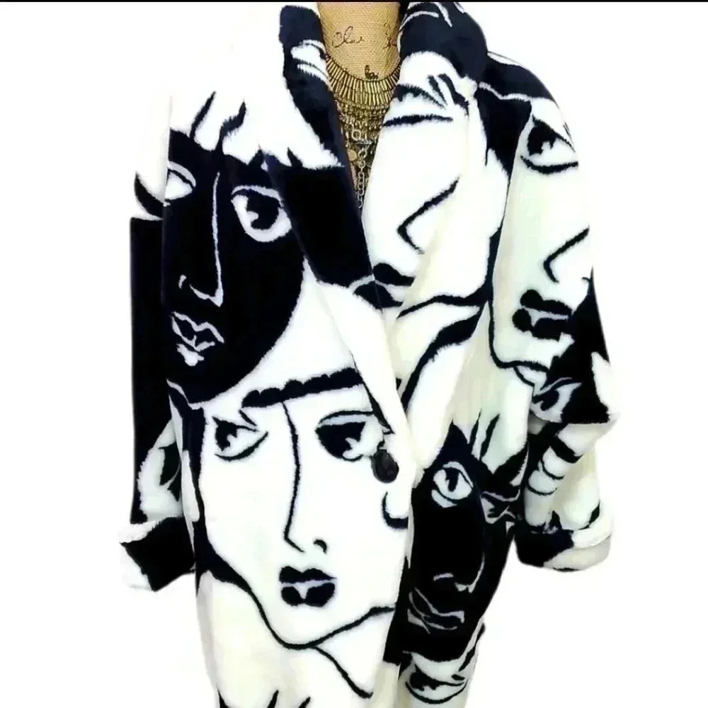 Donny Brook Mob Wife Graphic Faces Faux Fur Coat.. - Picture 10 of 14